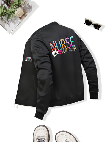 Women'S Casual Zip-Up Jacket, New Nurse Print, Baseball Collar, Pockets, Slight Stretch, Knitted Fabric
