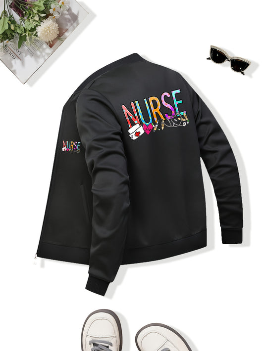 Women'S Casual Zip-Up Jacket, New Nurse Print, Baseball Collar, Pockets, Slight Stretch, Knitted Fabric