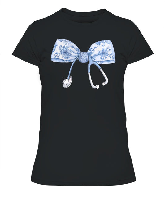 Floral Nurse Blue Coquette Bow Stethoscope Registered Nurse Shirt