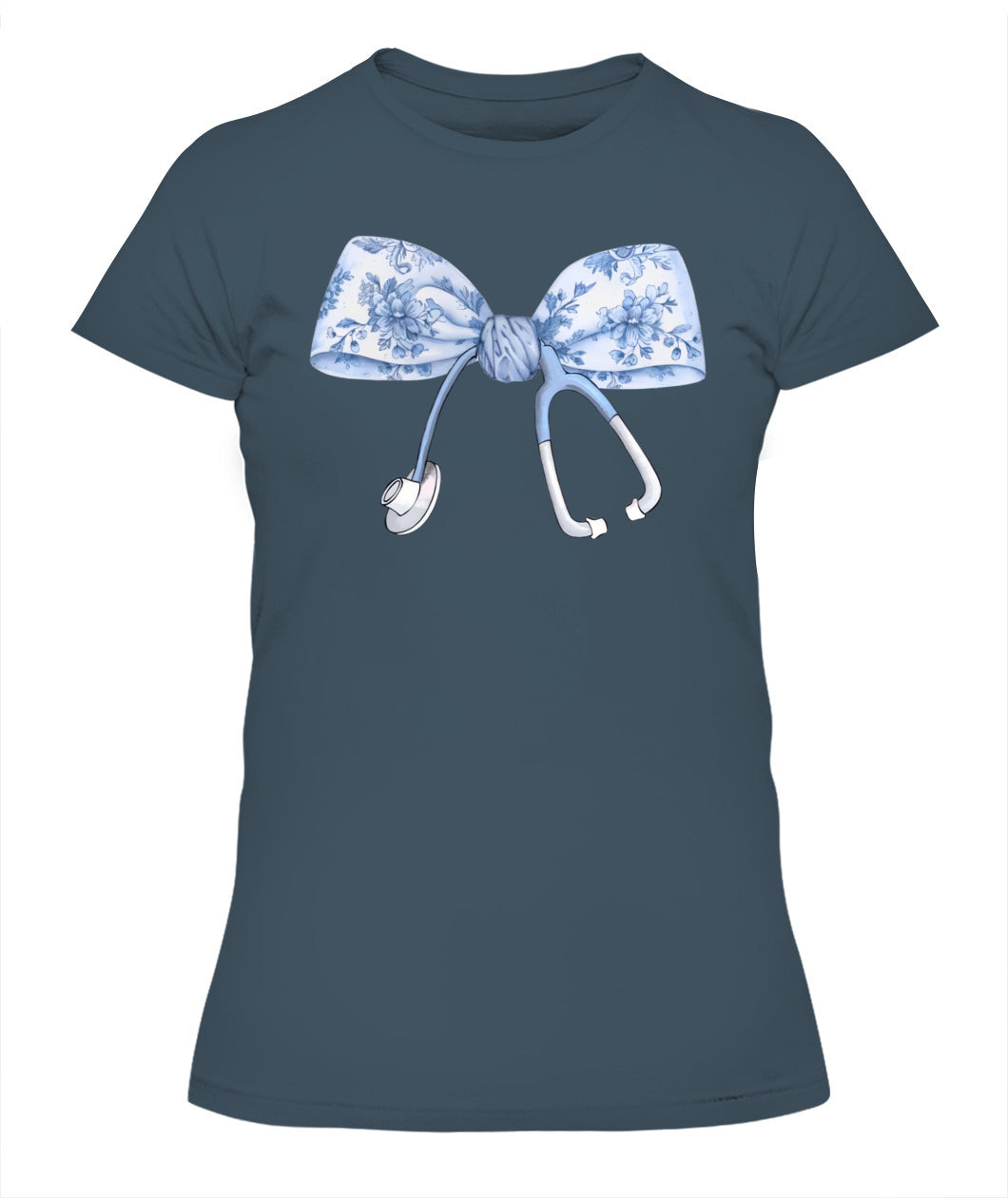 Floral Nurse Blue Coquette Bow Stethoscope Registered Nurse Shirt