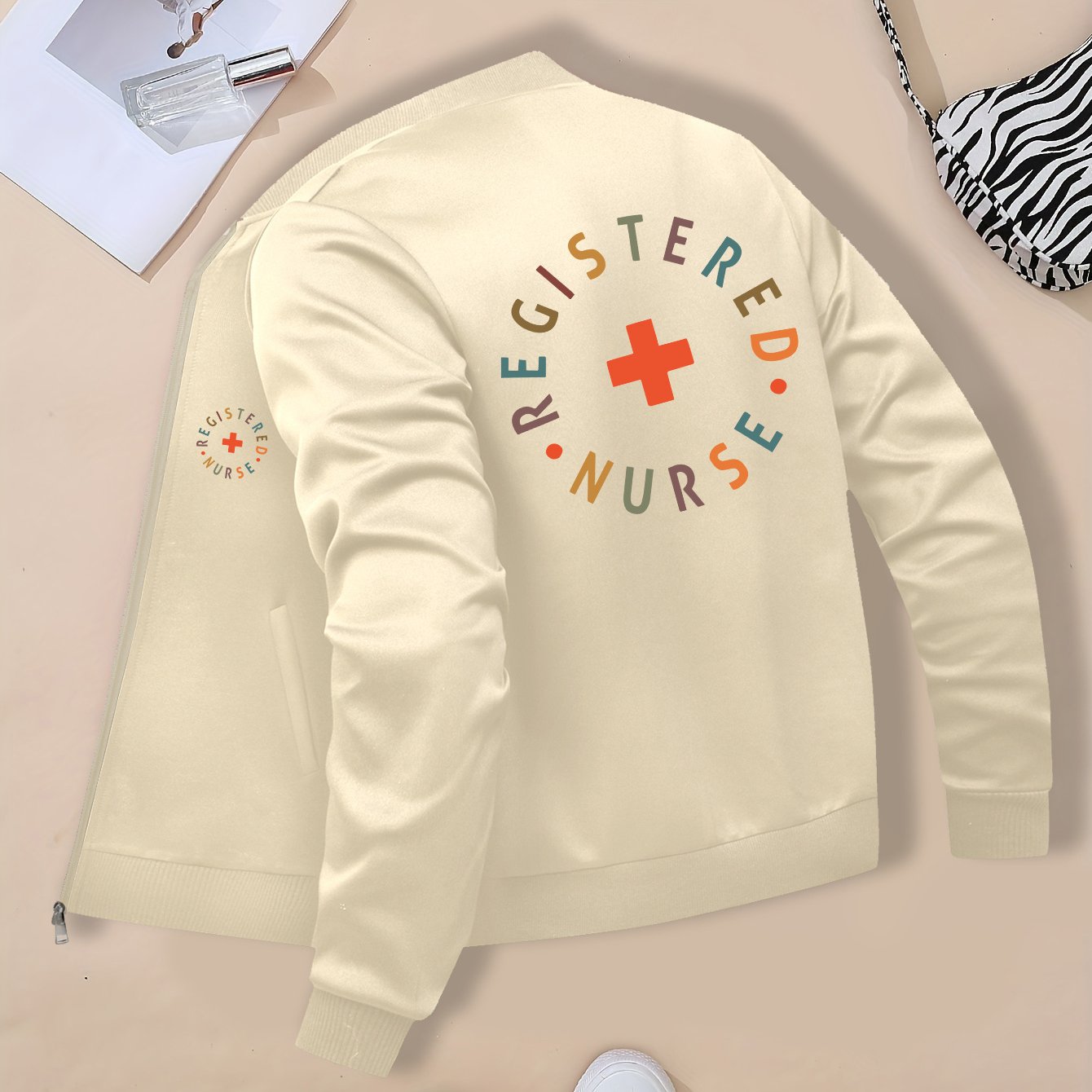 Women's "REGISTERED NURSE" Printed Casual Jacket - Beige Zip-Up with Stand Collar, Long Sleeves, and Pockets, Polyester Blend