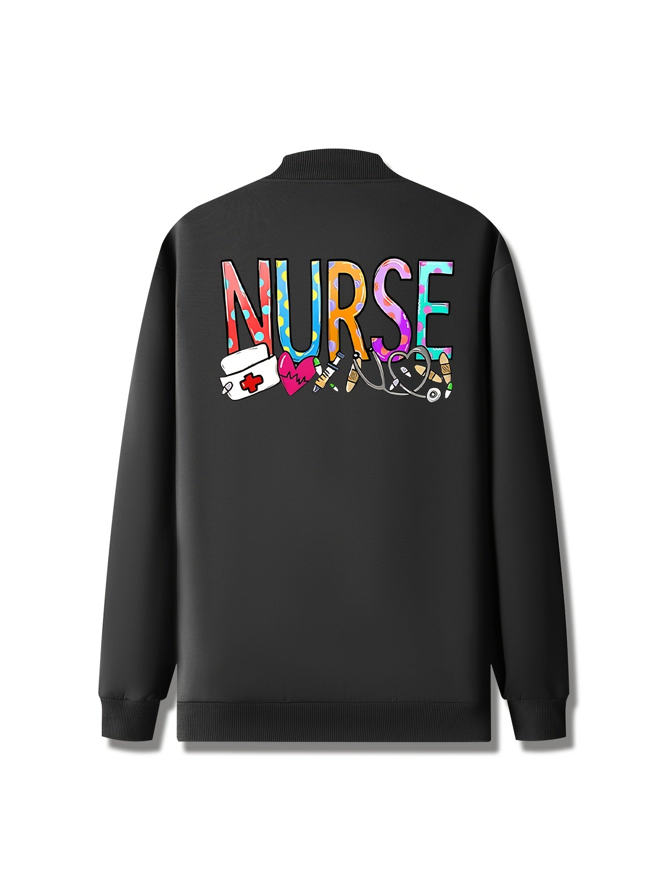 Women'S Casual Zip-Up Jacket, New Nurse Print, Baseball Collar, Pockets, Slight Stretch, Knitted Fabric
