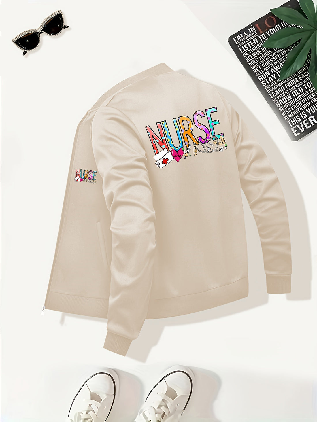 Women'S Casual Zip-Up Jacket, New Nurse Print, Baseball Collar, Pockets, Slight Stretch, Knitted Fabric
