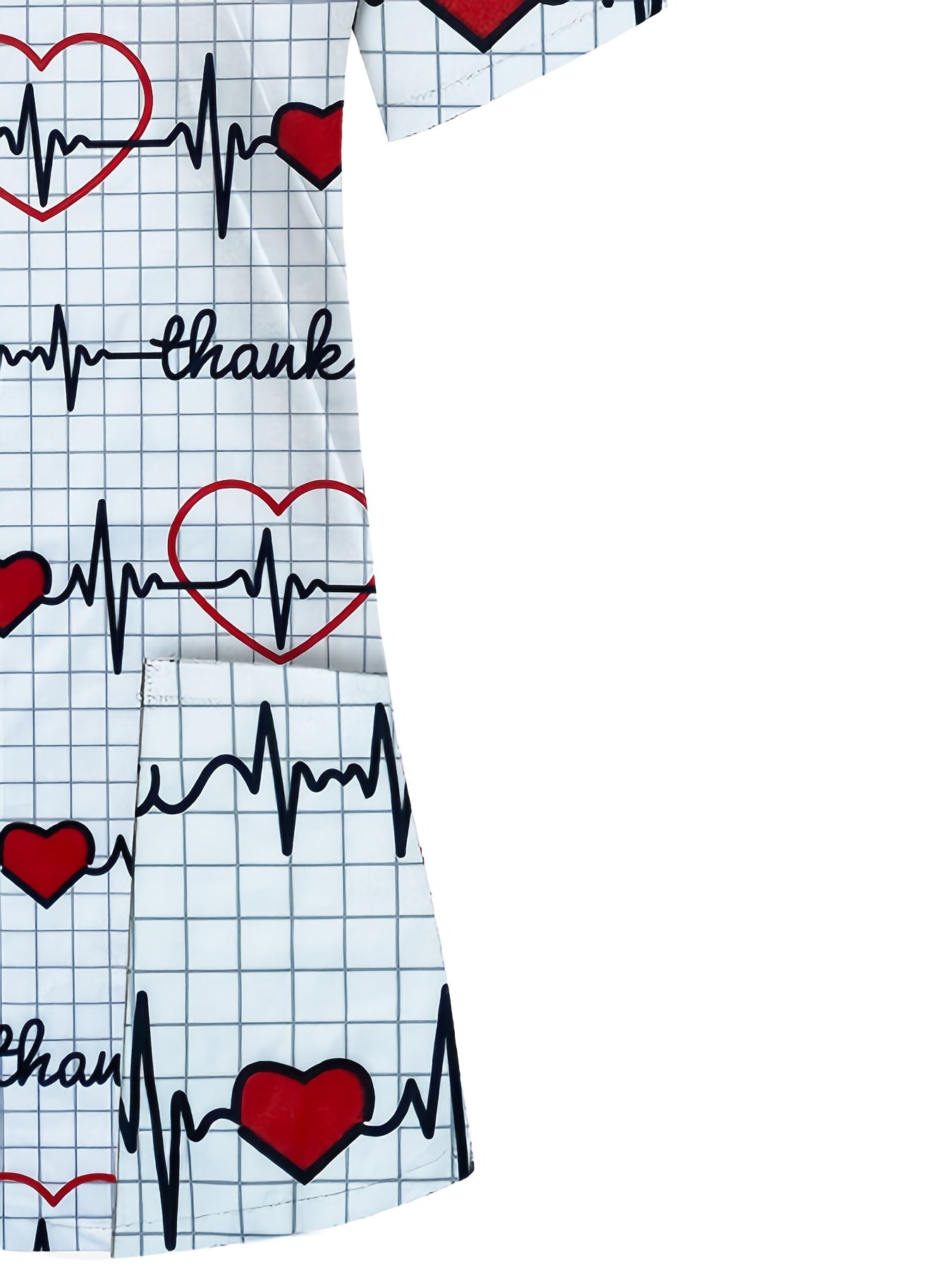 A Full-Body Printed T-Shirt with an Electrocardiogram Pattern, Featuring Two Pockets, Designed for Women in Healthcare.