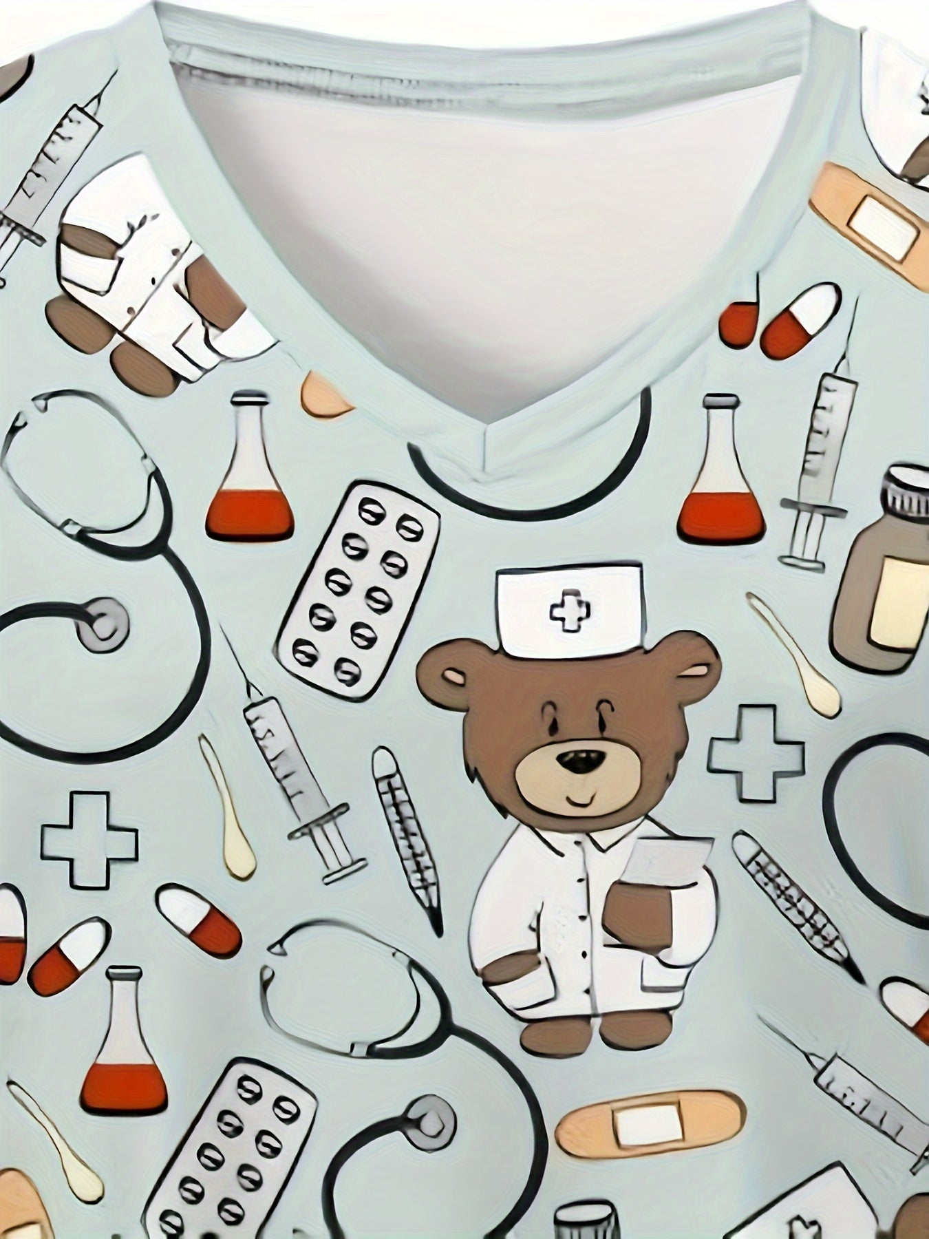 Comfortable Cartoon Bear Doctor Pattern Print Women's V-Neck Short-Sleeve Nurse Top - Nurse Work Uniform