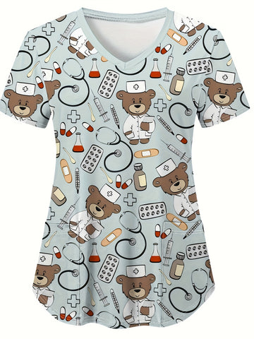 Comfortable Cartoon Bear Doctor Pattern Print Women's V-Neck Short-Sleeve Nurse Top - Nurse Work Uniform