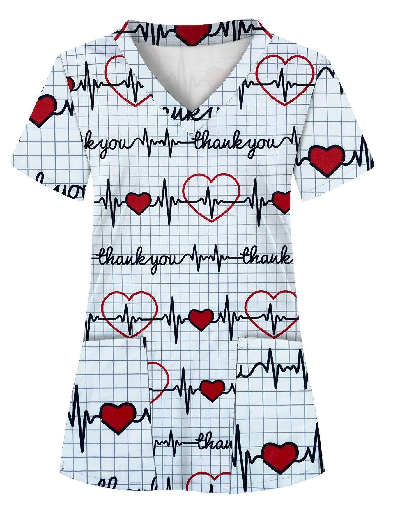 A Full-Body Printed T-Shirt with an Electrocardiogram Pattern, Featuring Two Pockets, Designed for Women in Healthcare.