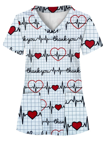 A Full-Body Printed T-Shirt with an Electrocardiogram Pattern, Featuring Two Pockets, Designed for Women in Healthcare.