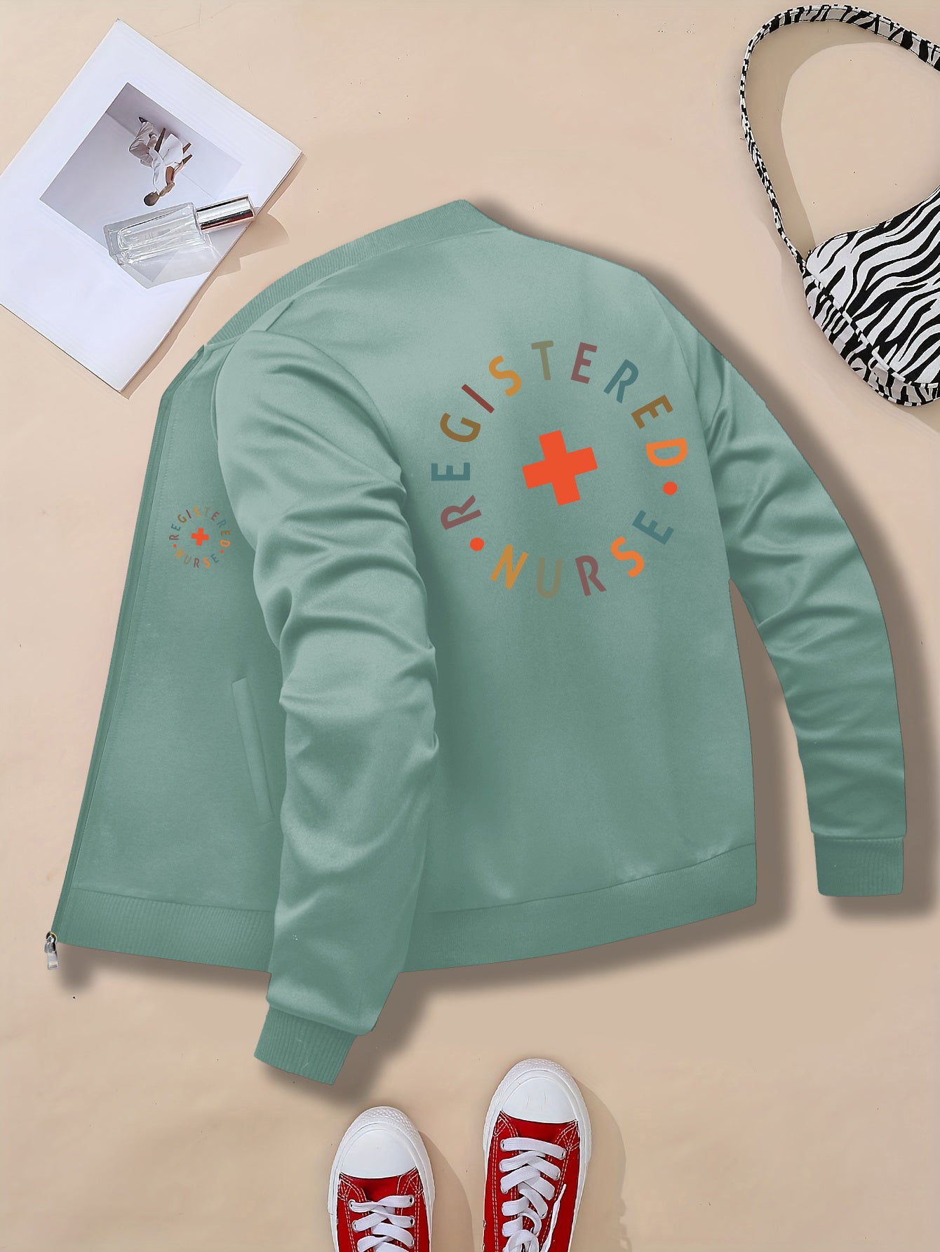 Women's "REGISTERED NURSE" Printed Casual Jacket - Beige Zip-Up with Stand Collar, Long Sleeves, and Pockets, Polyester Blend