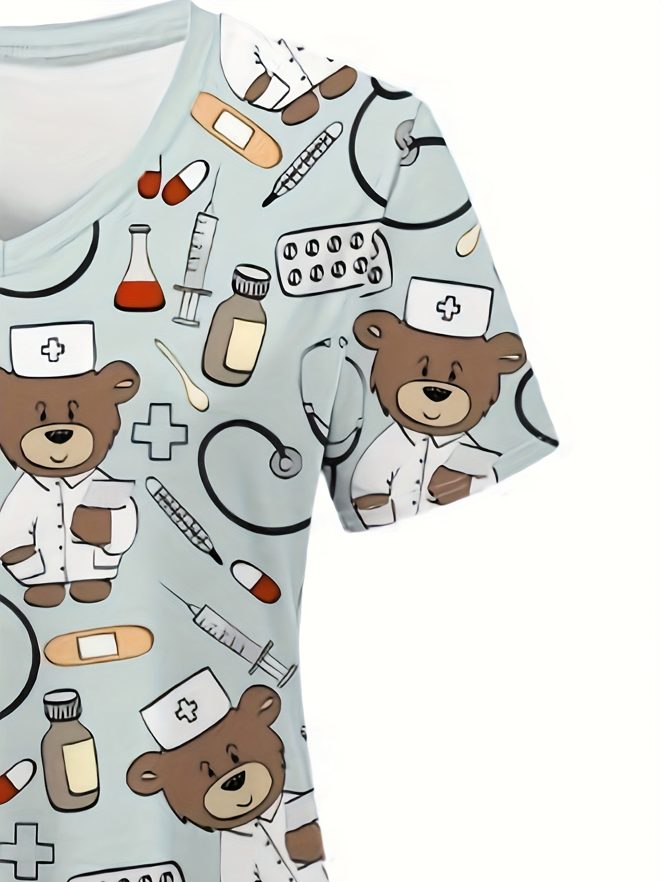 Comfortable Cartoon Bear Doctor Pattern Print Women's V-Neck Short-Sleeve Nurse Top - Nurse Work Uniform