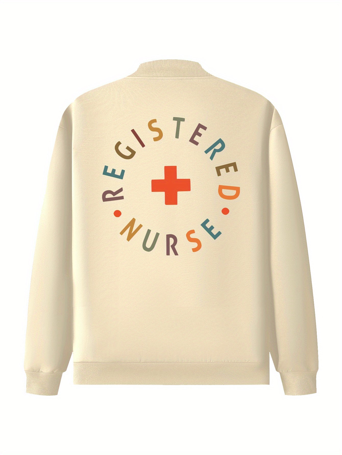 Women's "REGISTERED NURSE" Printed Casual Jacket - Beige Zip-Up with Stand Collar, Long Sleeves, and Pockets, Polyester Blend