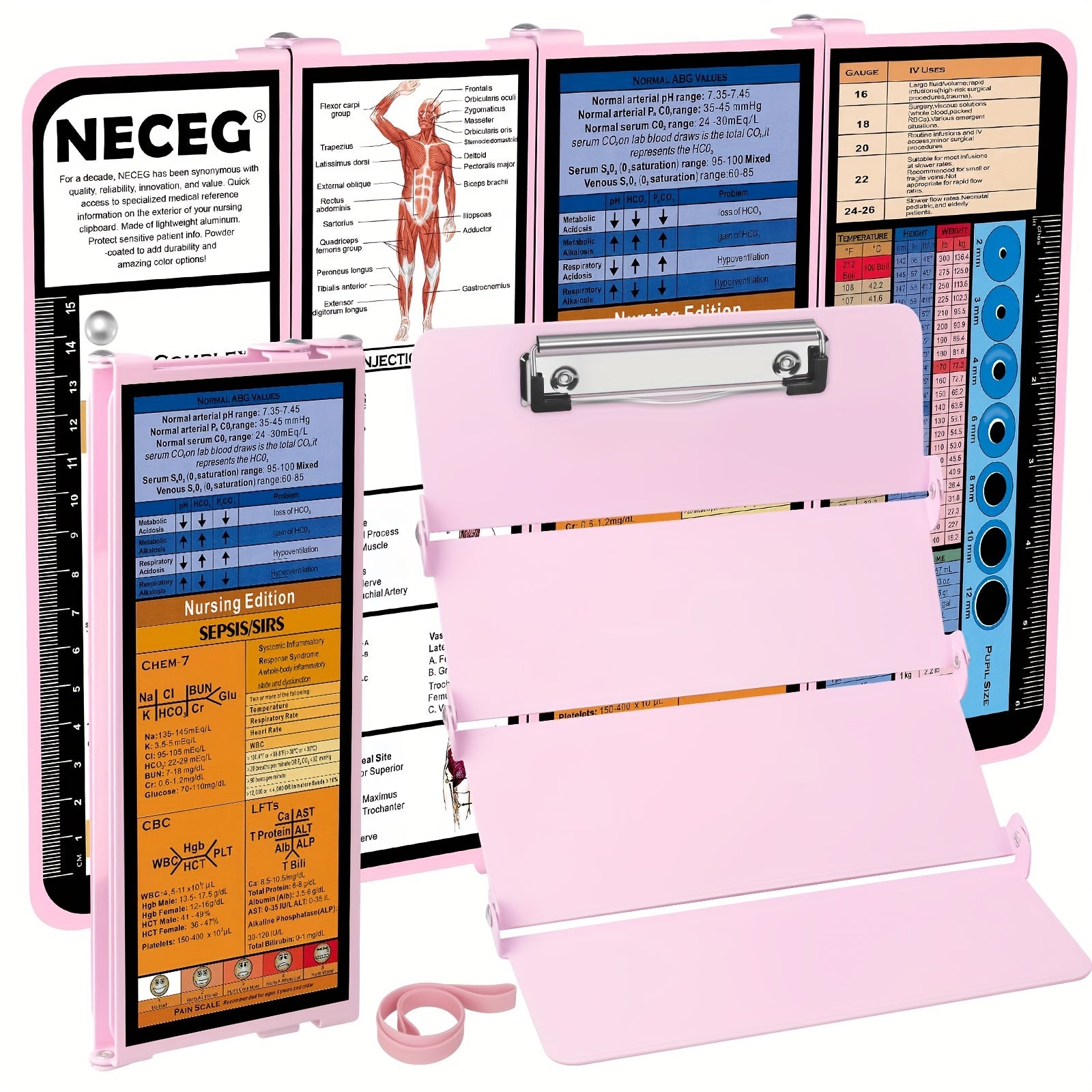 4 Layers Aluminum Nursing Clipboard Foldable - Pocket Size 3.5 x 9 inches with Medical Edition Cheat Sheets for Nurses, Students, and Doctors