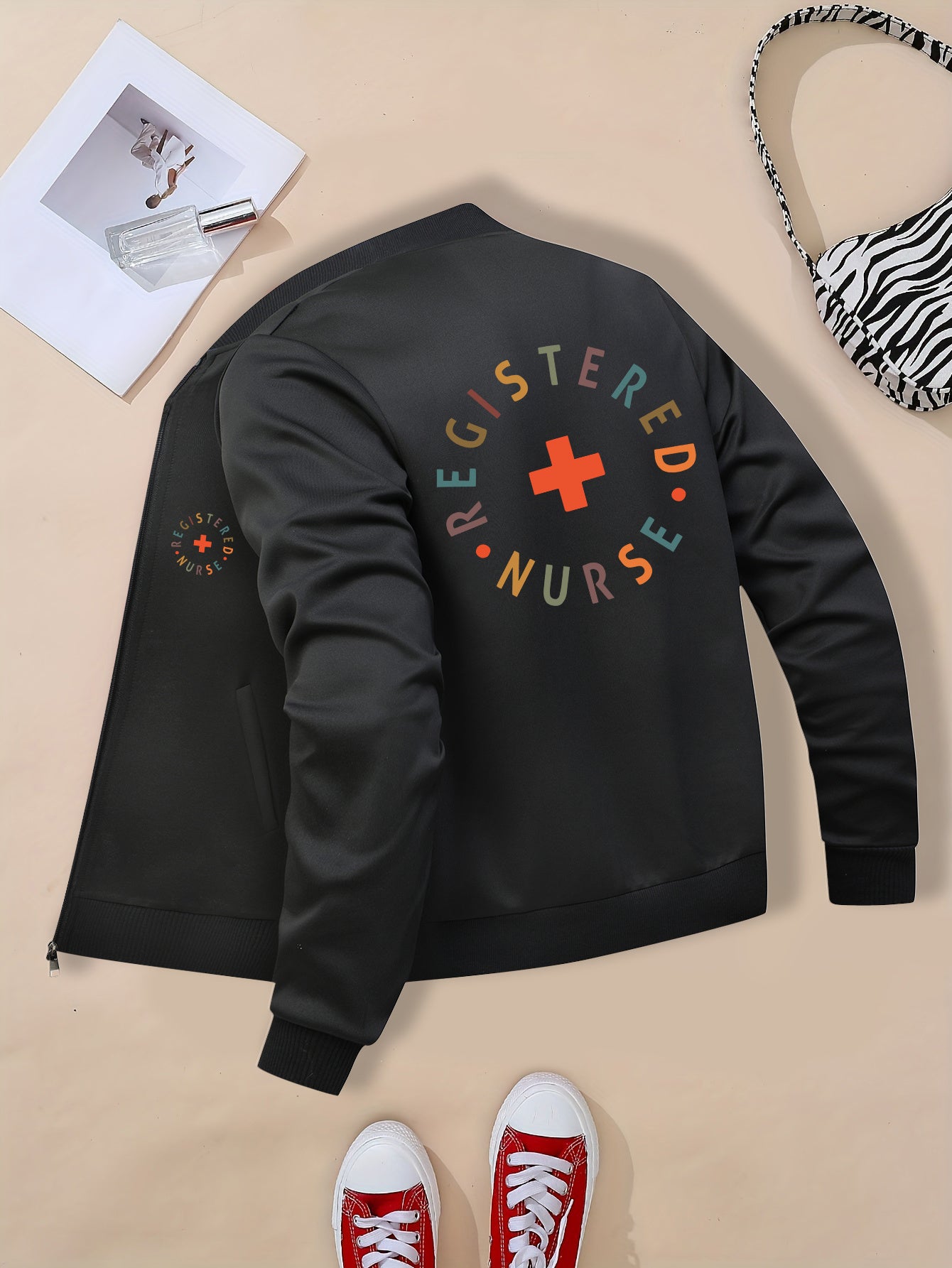 Women's "REGISTERED NURSE" Printed Casual Jacket - Beige Zip-Up with Stand Collar, Long Sleeves, and Pockets, Polyester Blend