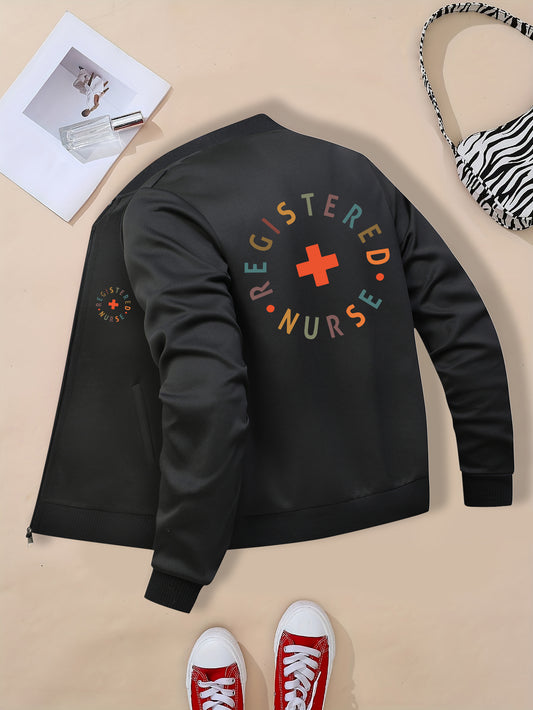 Women's "REGISTERED NURSE" Printed Casual Jacket - Beige Zip-Up with Stand Collar, Long Sleeves, and Pockets, Polyester Blend
