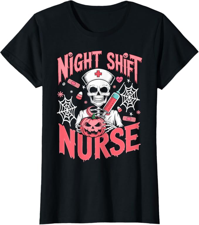 Funny RN ICU Night Shift Nurse Skeleton Halloween Costumes Womens