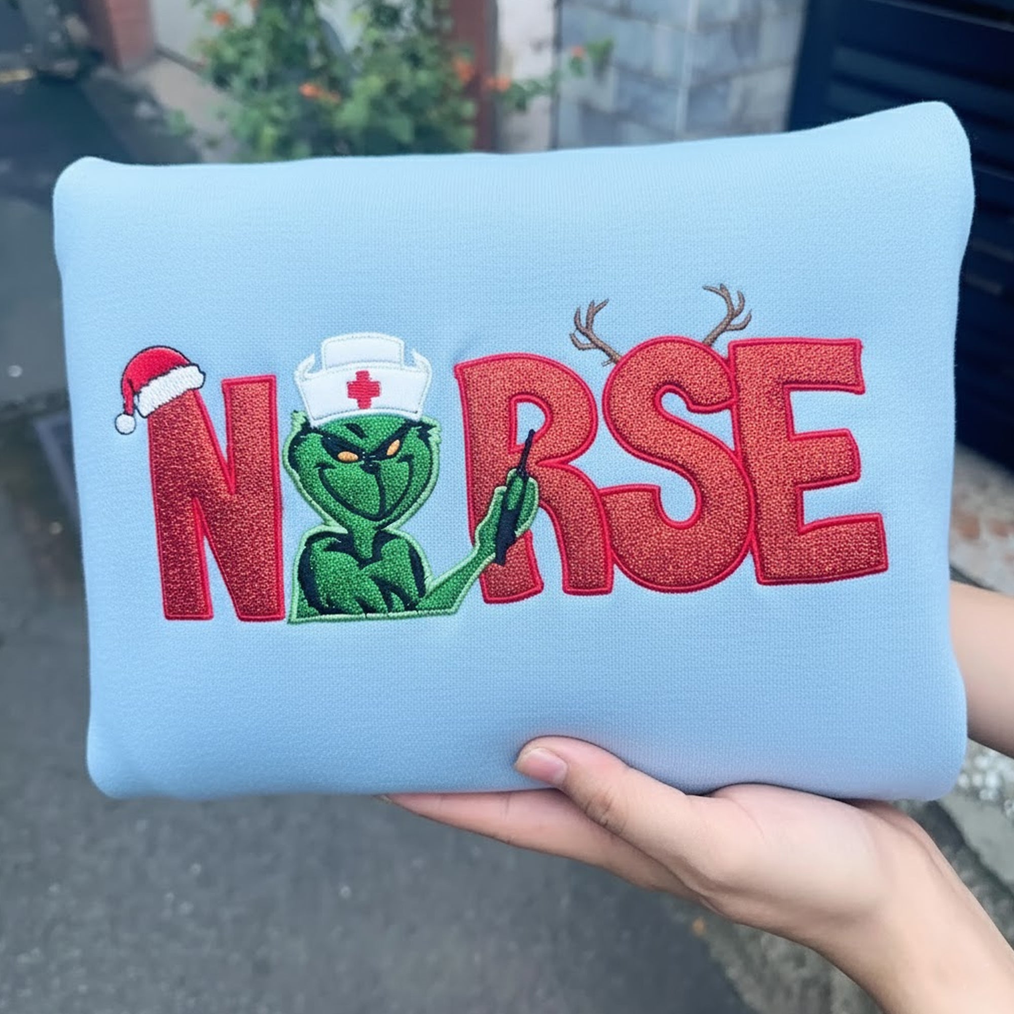 Christmas Nurse Grinch Embroidered Sweatshirt For Nurses