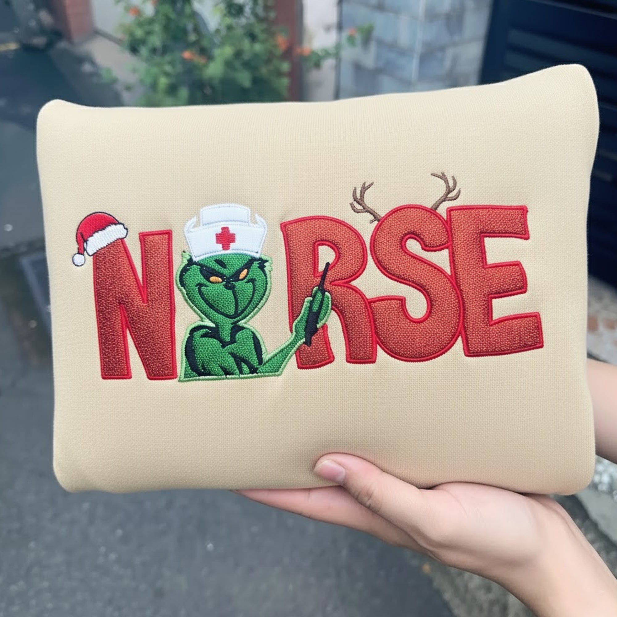 Christmas Nurse Grinch Embroidered Sweatshirt For Nurses