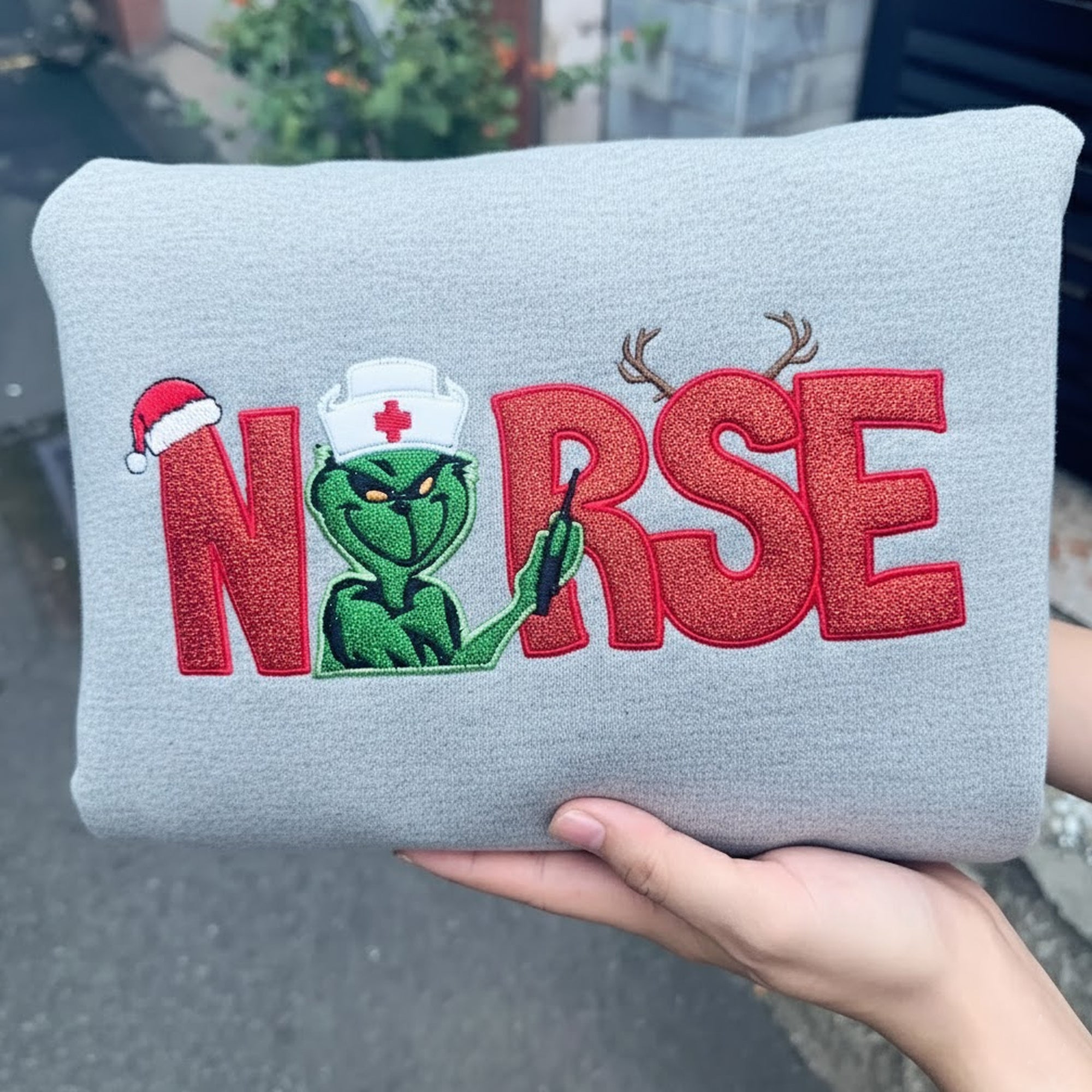 Christmas Nurse Grinch Embroidered Sweatshirt For Nurses