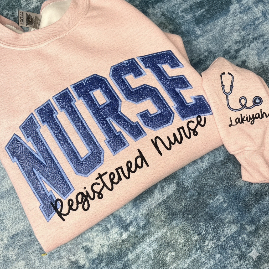 Personalized Nurse Embroidered Sweatshirt: Glitter Stethoscope Sleeve