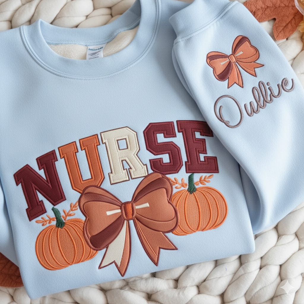 Custom Embroidery Fall Nurse Sweatshirt, Custom Name Nurse Pumpkin Sweatshirt, Thanksgiving Gift Shirt for Nurse, Fall Coquette Bow Nursing Shirt