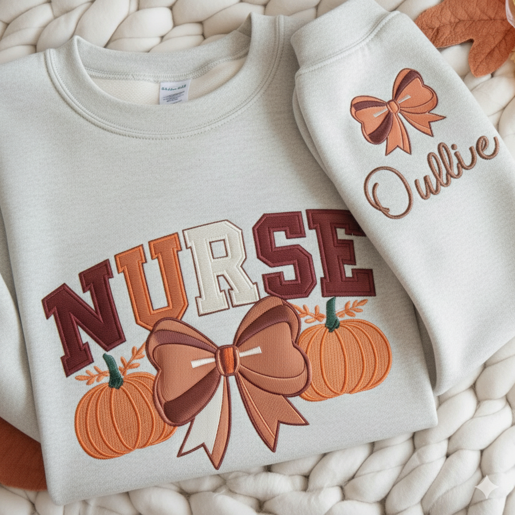 Custom Embroidery Fall Nurse Sweatshirt, Custom Name Nurse Pumpkin Sweatshirt, Thanksgiving Gift Shirt for Nurse, Fall Coquette Bow Nursing Shirt