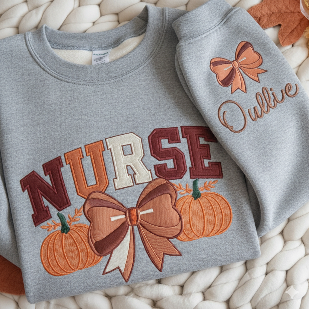 Custom Embroidery Fall Nurse Sweatshirt, Custom Name Nurse Pumpkin Sweatshirt, Thanksgiving Gift Shirt for Nurse, Fall Coquette Bow Nursing Shirt
