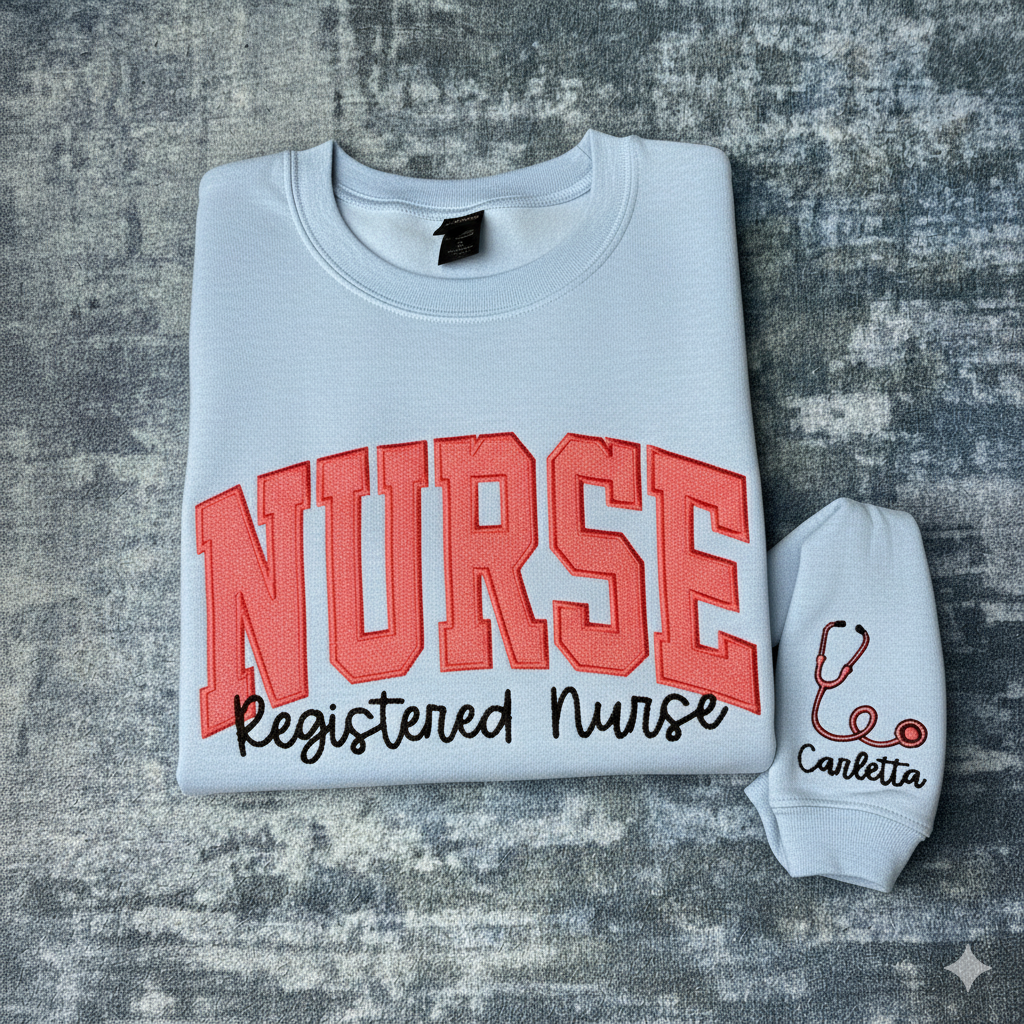 Personalized Nurse Embroidered Sweatshirt: Glitter Stethoscope Sleeve