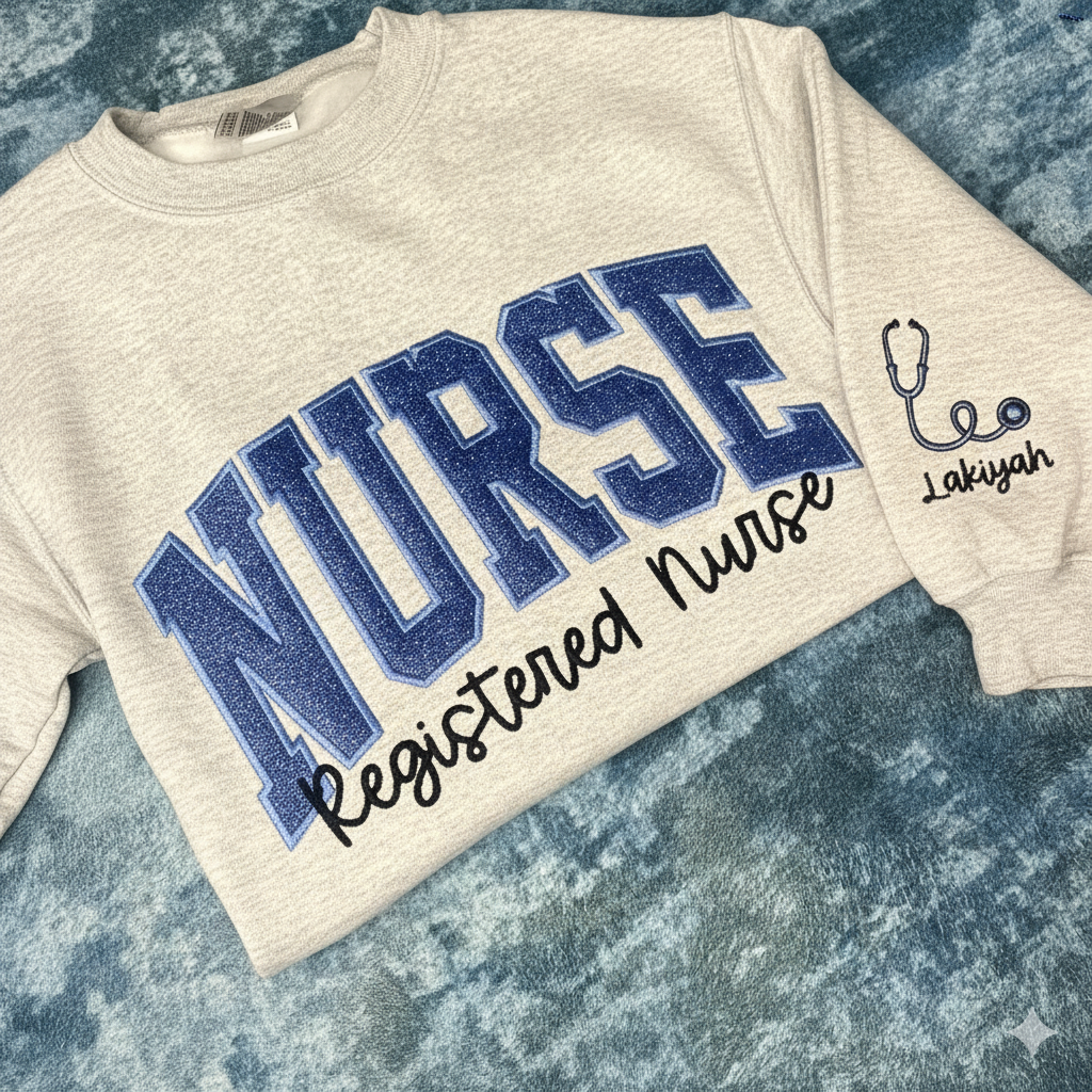 Personalized Nurse Embroidered Sweatshirt: Glitter Stethoscope Sleeve