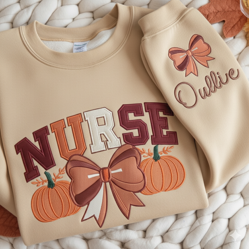 Custom Embroidery Fall Nurse Sweatshirt, Custom Name Nurse Pumpkin Sweatshirt, Thanksgiving Gift Shirt for Nurse, Fall Coquette Bow Nursing Shirt