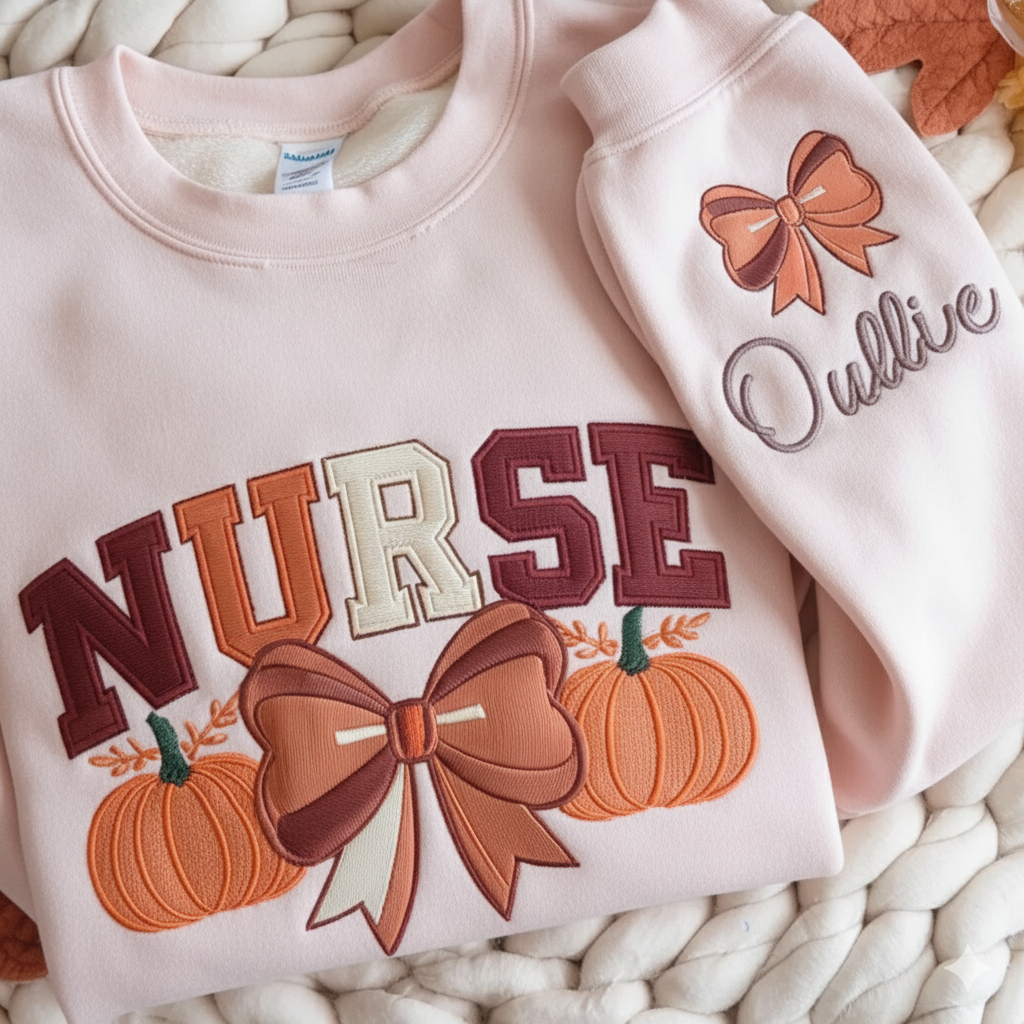 Custom Embroidery Fall Nurse Sweatshirt, Custom Name Nurse Pumpkin Sweatshirt, Thanksgiving Gift Shirt for Nurse, Fall Coquette Bow Nursing Shirt