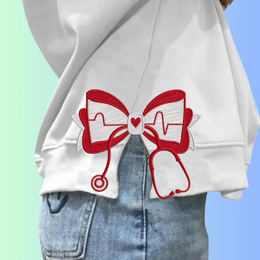 Embroidery Nurse Stethoscope Bow Design Coquette Style Nursing Er Nurse Ribbon Healthcare RN Hospital Life