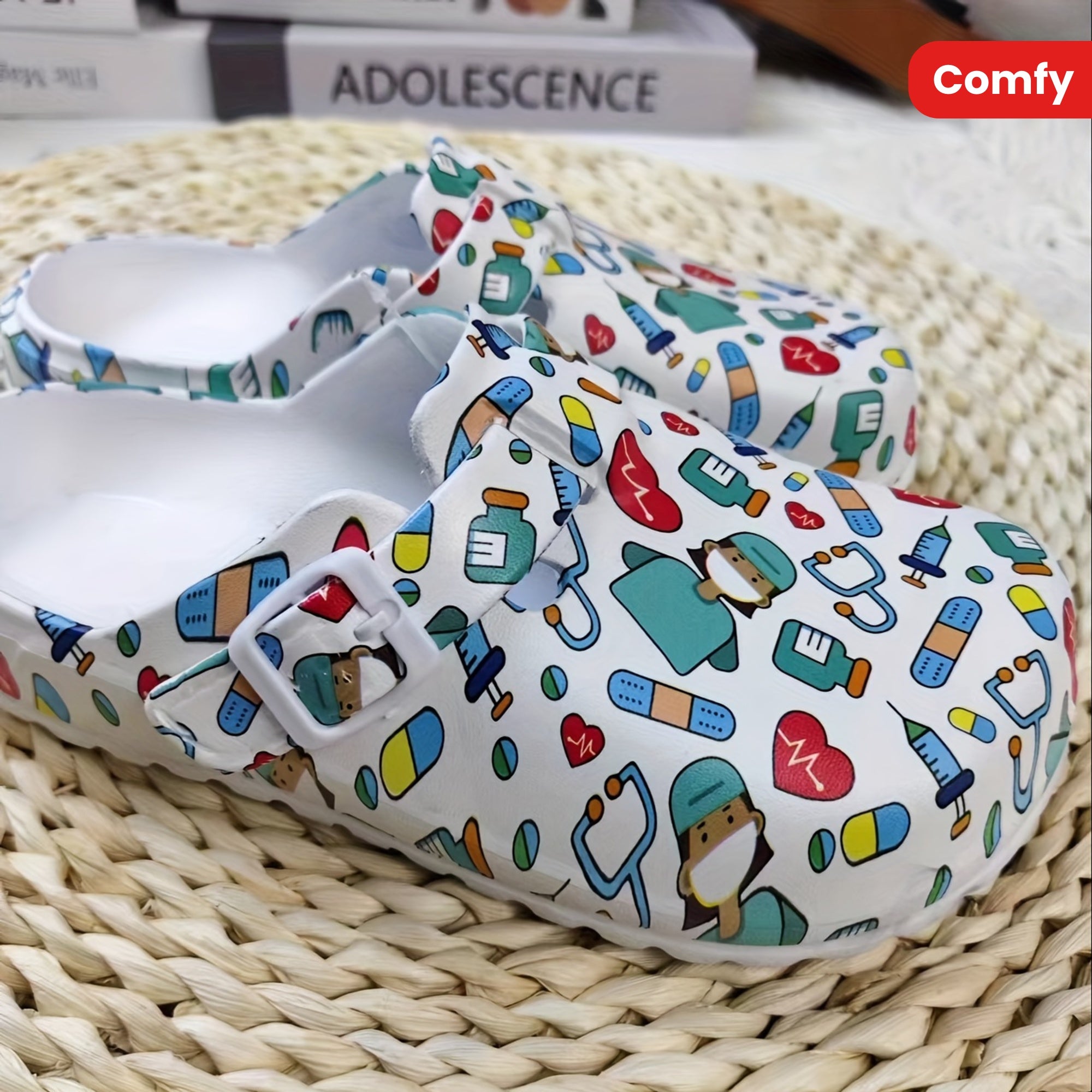 Soft Sole Women's Comfy Flat Creative Print Clogs, Stylish Closed Toe Nurse Work Shoes, Slide Shoes