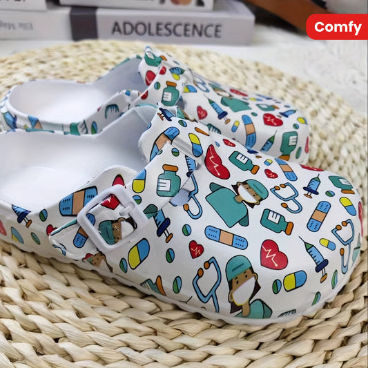 Soft Sole Women's Comfy Flat Creative Print Clogs, Stylish Closed Toe Nurse Work Shoes, Slide Shoes