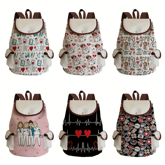Multifunctional Cartoon Nurse Pattern Backpack, Classic Storage Daypack For Women, Work Bag