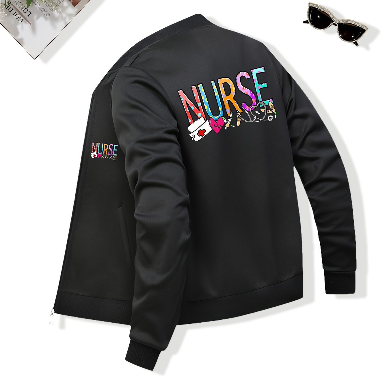 Women'S Casual Zip-Up Jacket, New Nurse Print, Baseball Collar, Pockets, Slight Stretch, Knitted Fabric