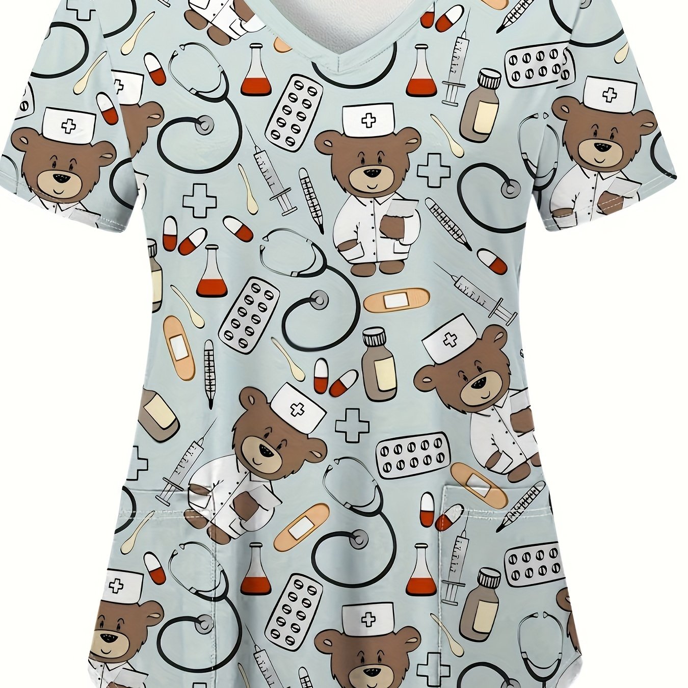 Comfortable Cartoon Bear Doctor Pattern Print Women's V-Neck Short-Sleeve Nurse Top - Nurse Work Uniform