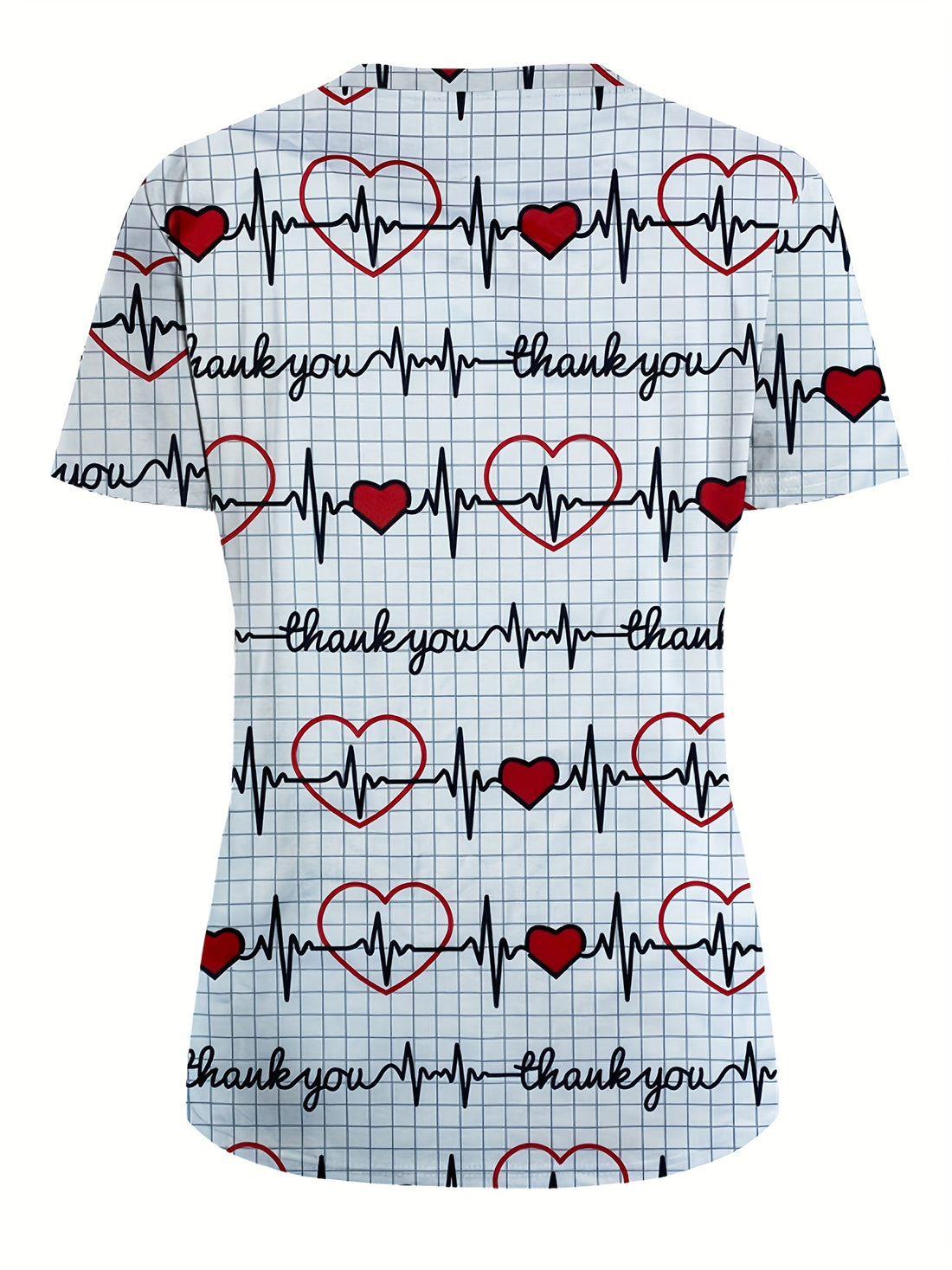 A Full-Body Printed T-Shirt with an Electrocardiogram Pattern, Featuring Two Pockets, Designed for Women in Healthcare.