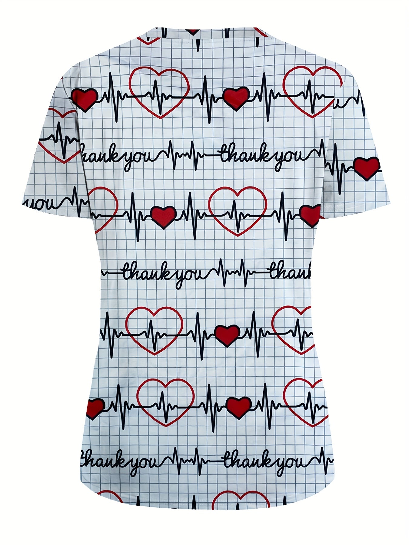 A Full-Body Printed T-Shirt with an Electrocardiogram Pattern, Featuring Two Pockets, Designed for Women in Healthcare.