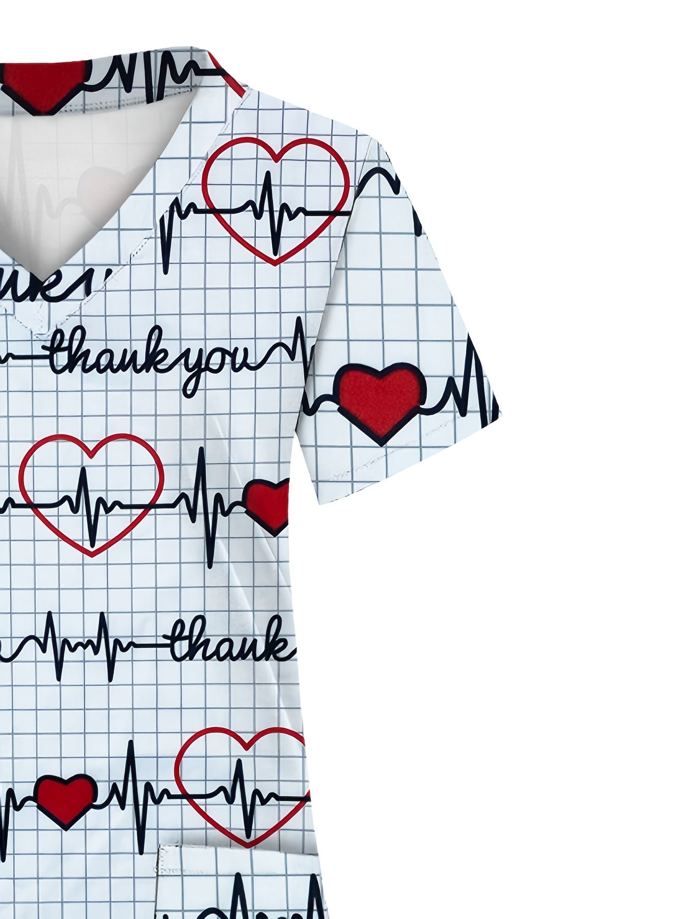 A Full-Body Printed T-Shirt with an Electrocardiogram Pattern, Featuring Two Pockets, Designed for Women in Healthcare.