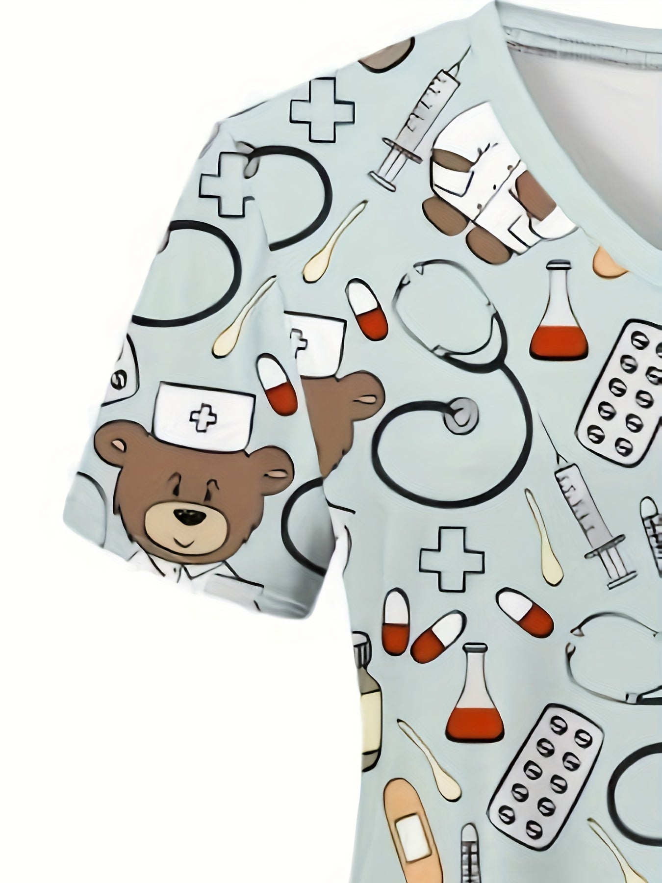 Comfortable Cartoon Bear Doctor Pattern Print Women's V-Neck Short-Sleeve Nurse Top - Nurse Work Uniform