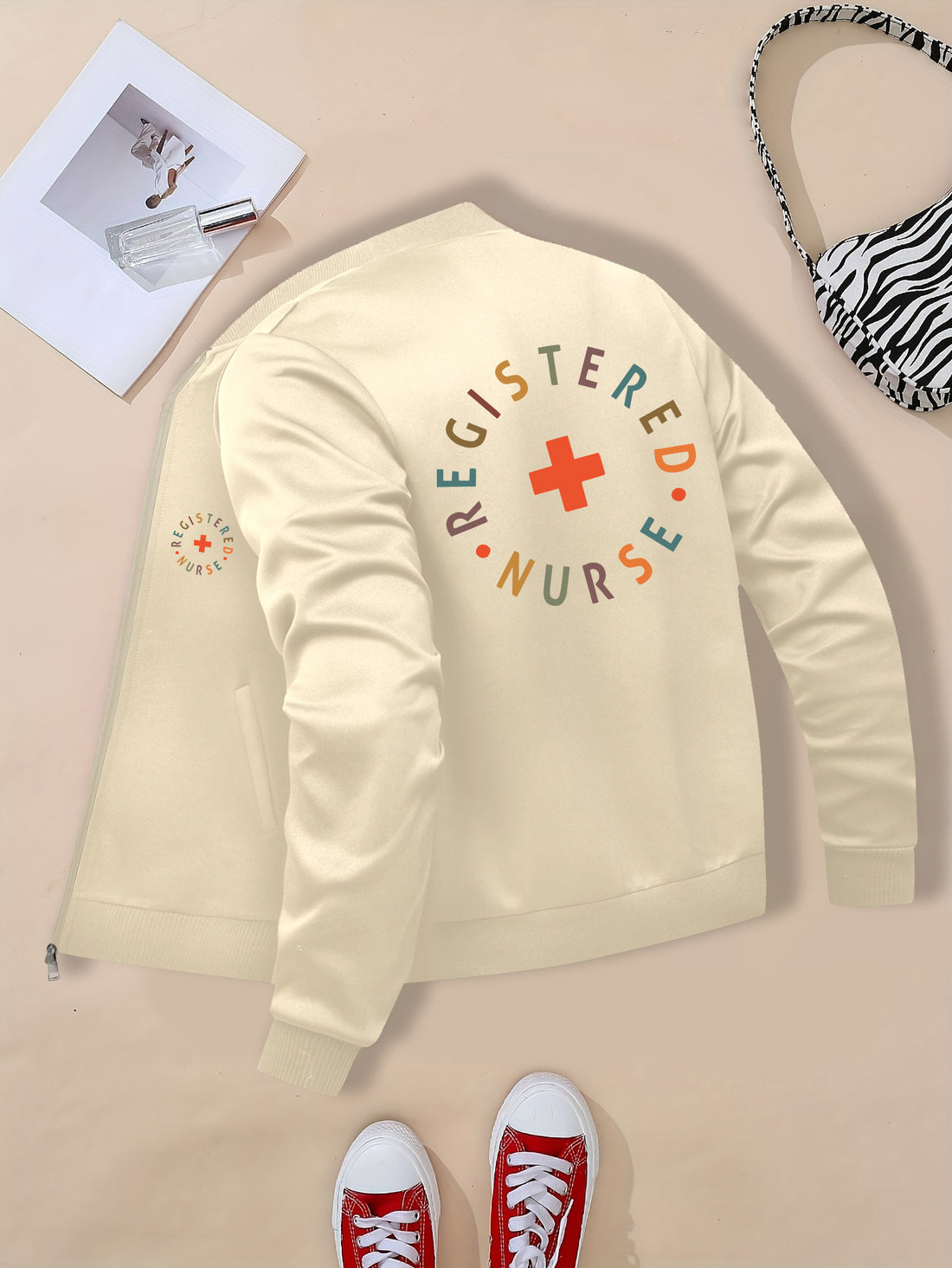 Women's "REGISTERED NURSE" Printed Casual Jacket - Beige Zip-Up with Stand Collar, Long Sleeves, and Pockets, Polyester Blend