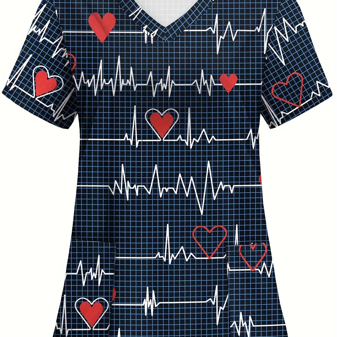 A Full-Body Printed T-Shirt with an Electrocardiogram Pattern, Featuring Two Pockets, Designed for Women in Healthcare.