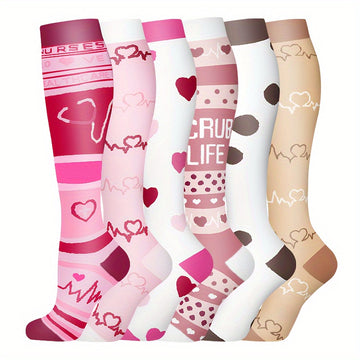 6-Pack Compression Socks for Nurses - Polyester & Elastane Blend, Breathable Knit Fabric, Machine Washable