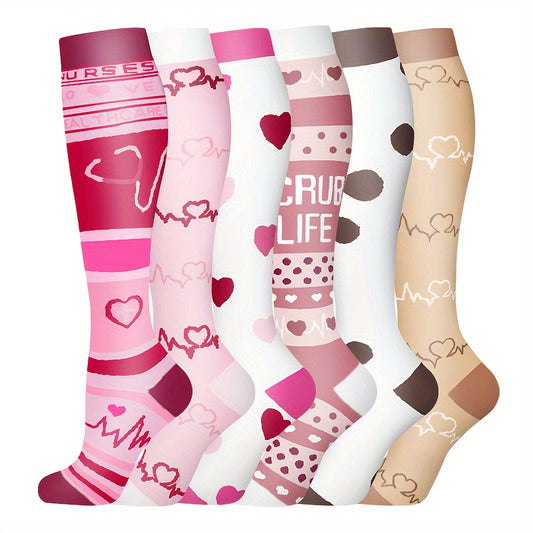 6-Pack Compression Socks for Nurses - Polyester & Elastane Blend, Breathable Knit Fabric, Machine Washable