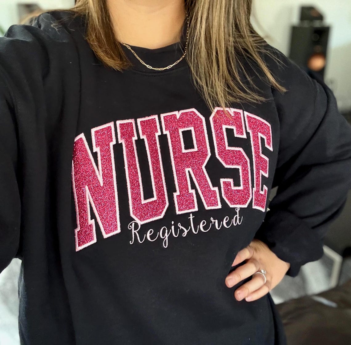 Personalized Glittery Embroidered Nurse Sweatshirt, Custom Nursing Glitter Embroidery Sweater For Nurses