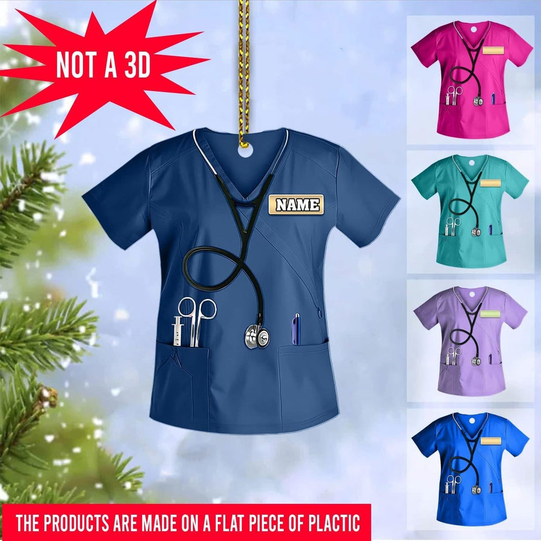 Personalized Scrubs Christmas Ornament with Name and Stethoscope - Custom Healthcare