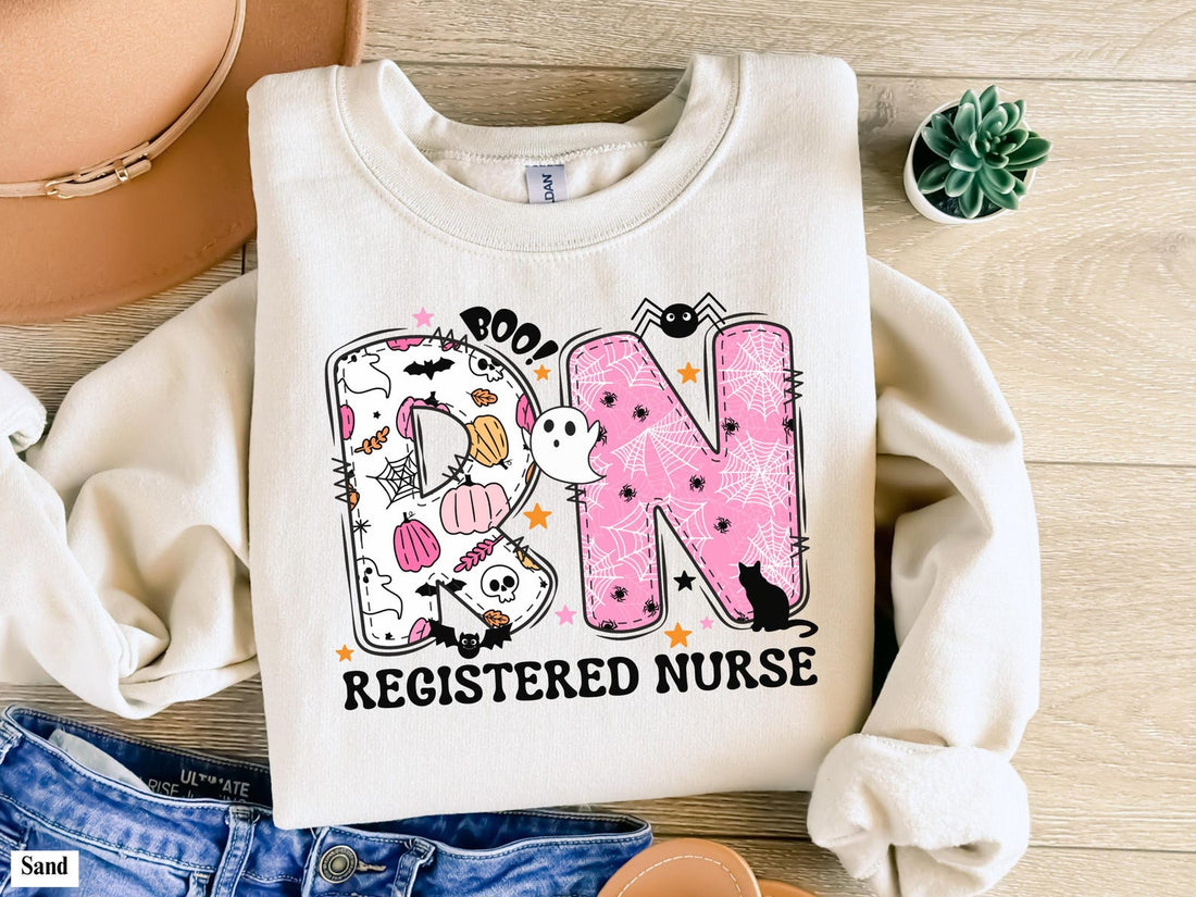 Pink Halloween RN Sweatshirt | Spooky Registered Nurse Crewneck
