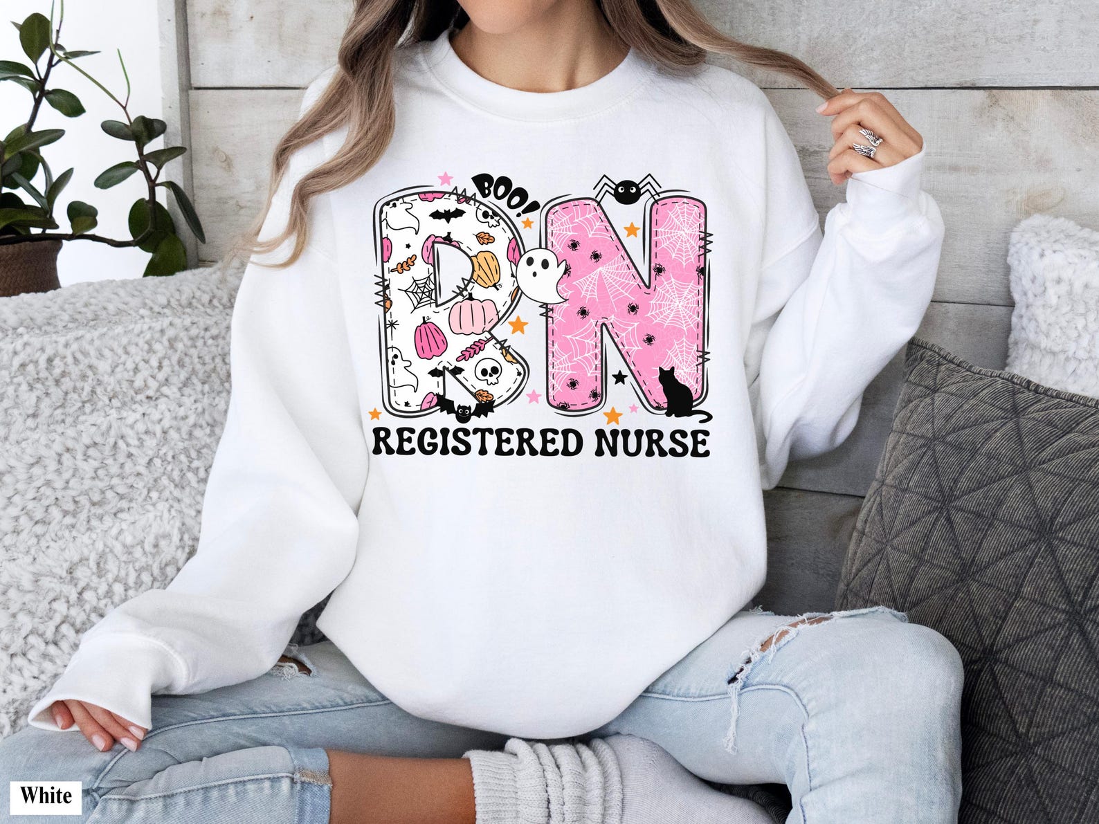 Pink Halloween RN Sweatshirt | Spooky Registered Nurse Crewneck