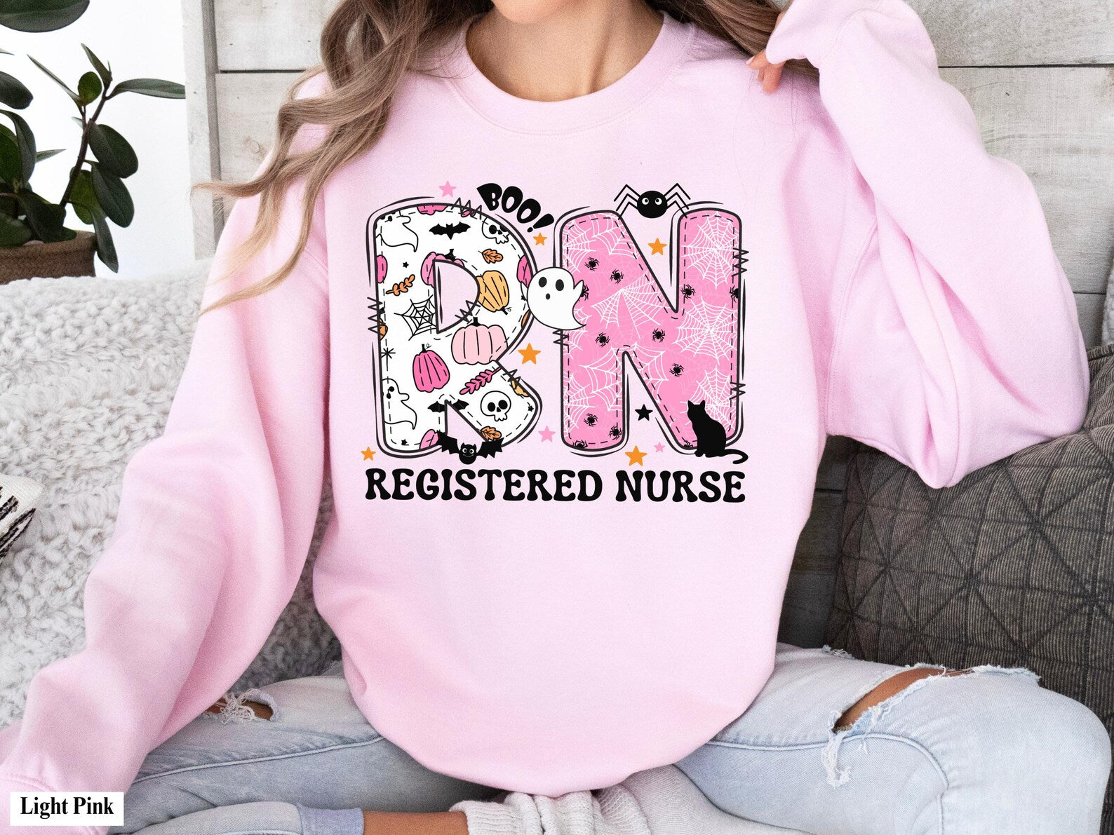 Pink Halloween RN Sweatshirt | Spooky Registered Nurse Crewneck