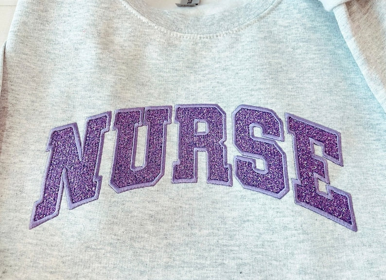 Glitter Nurse sweatshirt, Embroidered Nurse Gift, Varsity Nurse Sweater, Sparkle Nurse Crewneck